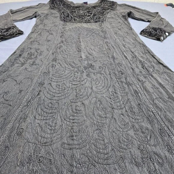 Sacred Thread Gray Embroidered Long Sleeve Maxi Dress Free Size Boho Velvet - Picture 4 of 7